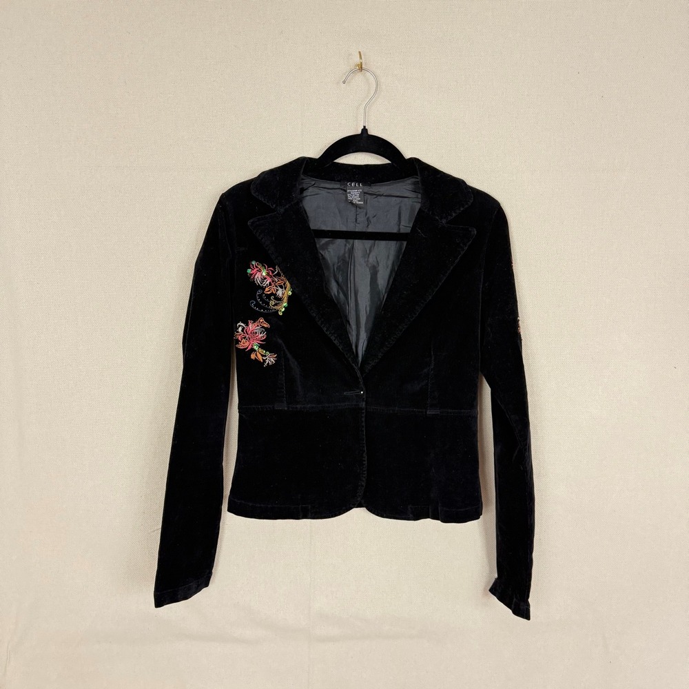Vintage Women's Black Corduroy Embroidered Sequin Blazer Jacket Small